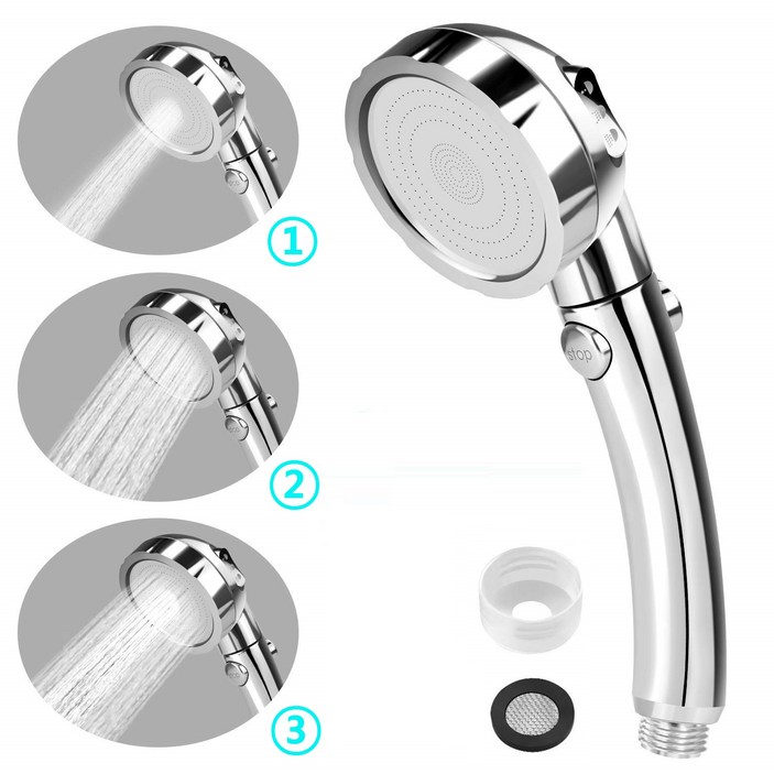 LYDIA 기능성 절수 온오프 3단 조절 수압상승 샤워기 헤드 실버