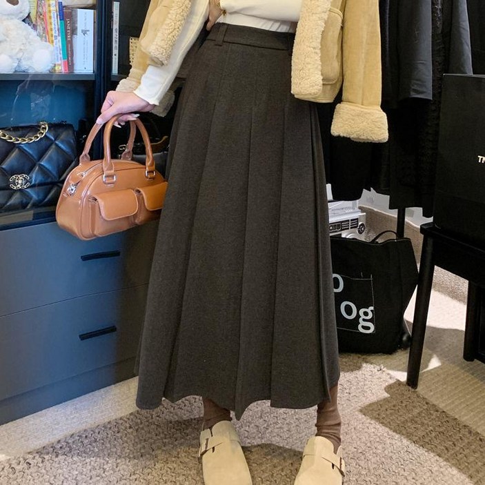 투니스 여성 모직 플리츠 A라인 롱스커트