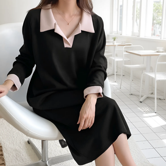 언니들의옷장 배색 카라 V넥 롱 원피스