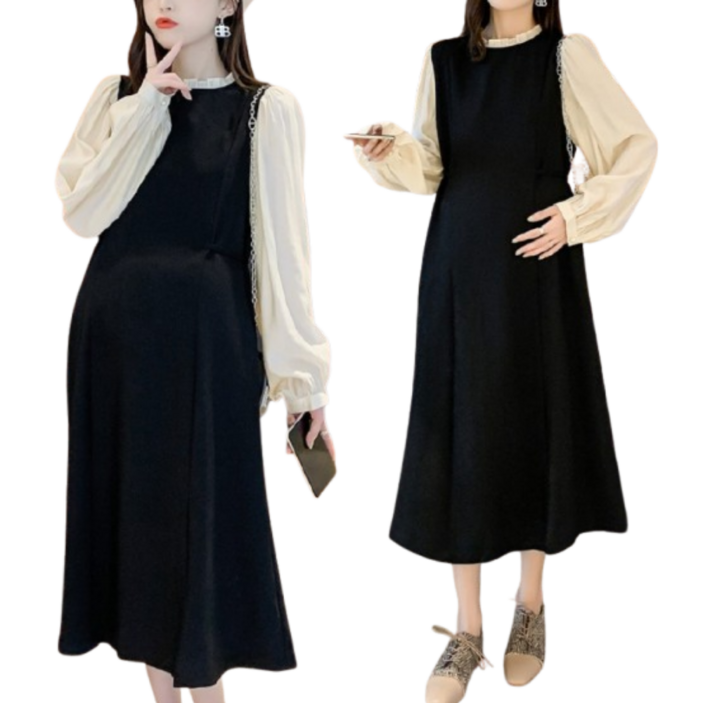 해피인뉴 여성 프릴넥 오버핏 임산부 하객룩 긴소매 롱 원피스