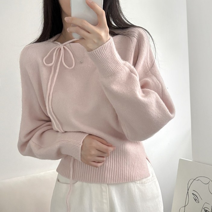 리리의감각 여성 초커 리본 솜사탕 입술넥 리본 루즈핏 긴팔 니트