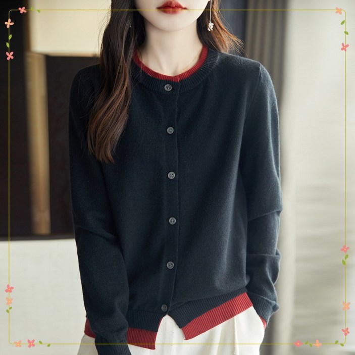 라부라카 예쁜 레이어드 배색 여성 니트 가디건 가을 겨울 라운드 가디건 빨간 가디건 간절기 30대 여성 의류