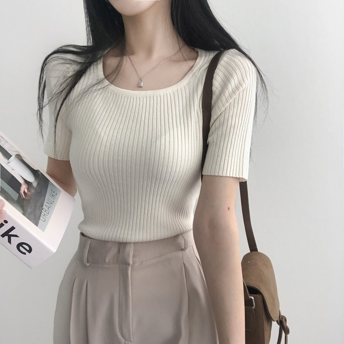 리리의감각 여성 스퀘어넥 골지 이너 반팔 니트티셔츠