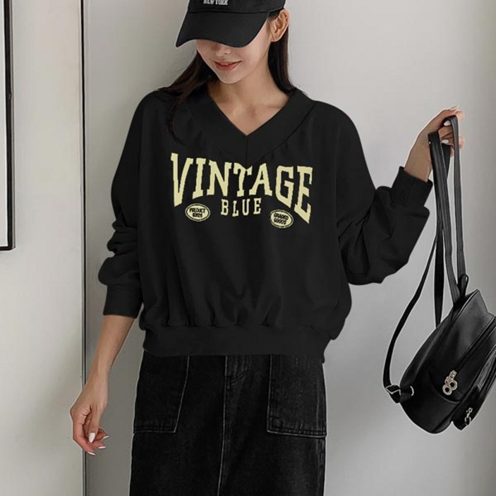 VINTAGE브이넥맨투맨 빅사이즈 오버핏 긴팔티 V넥 여성용 나염티