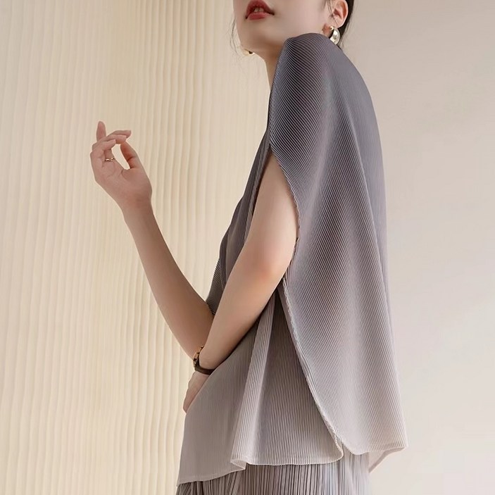 주름 그라데이션 고급스러운 상의 여성 여름 반팔 얇은 오버핏 빅사이즈 티셔츠 FC6370