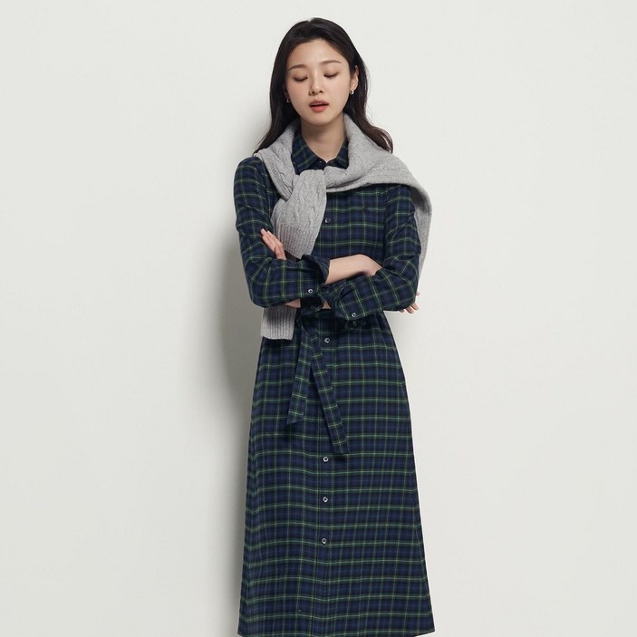 [백화점 정품] 25FW 빈폴 레이디스 타탄체크 셔츠 원피스 - 그린 BF5X71C03M