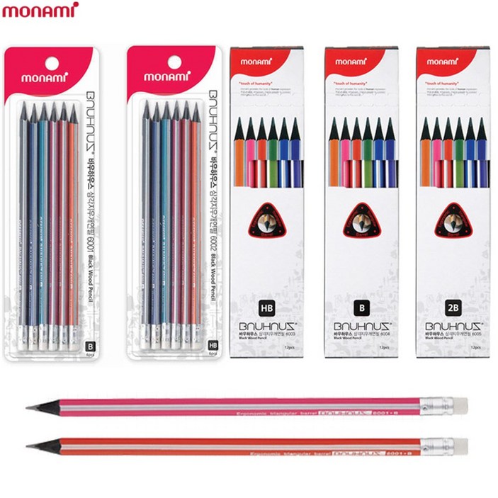 모나미 바우하우스 삼각지우개연필 HB B 2B 6본입 12본입