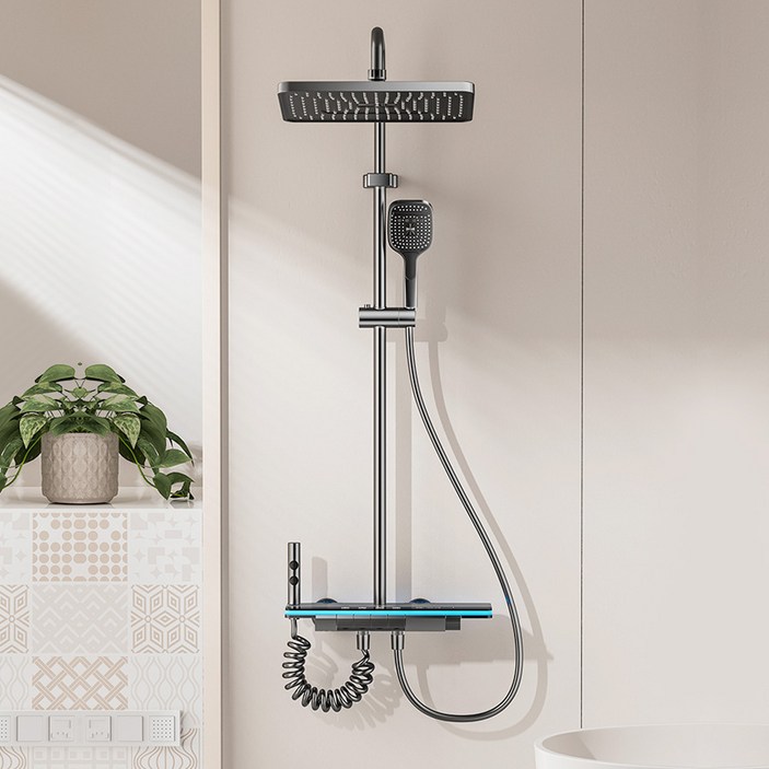 진보 LED 온도 표시 원터치 4단 조절 고급형 욕실 해바라기 샤워기 세트, 다크 그레이, 1개, 1개