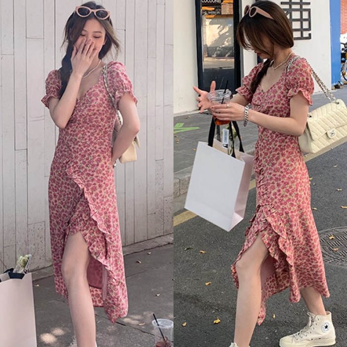 (브랜드 추천) 여성 플라워 스퀘어넥 퍼프 언밸 옆트임 원피스 여름 편한 핏 예쁜 우아한 허리꼬임 슬림핏 언밸란스 반팔 롱 쉬폰 프릴 모던 휴양지 여행 찰랑 데이트룩 핑크 원피스