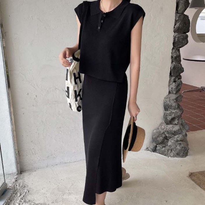 페이퍼먼츠 카라넥 숏 니트 티셔츠  롱 스커트 투피스 세트 04163