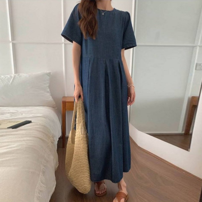 코코블랑 데님 백슬릿 반팔 원피스