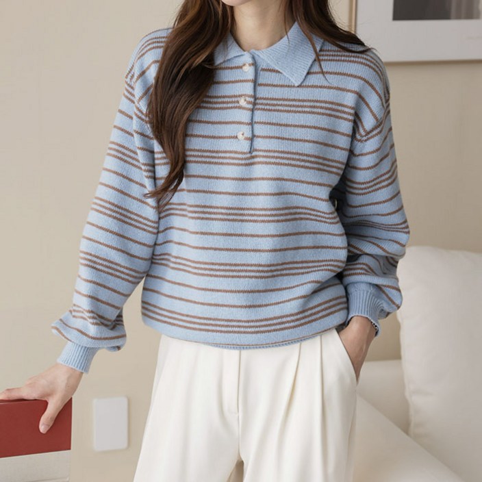 빼빼 여성용 카라넥 루즈핏 스트라이프 니트 티셔츠