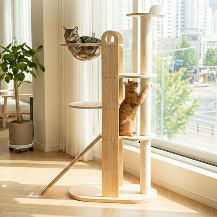 더따슴 젤리클 대형 원목 캣타워 6단 고양이 클라이밍보드 투명해먹 포함, 1개, 단일 색상