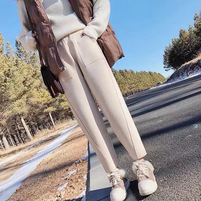 당일발송 도톰 따뜻 포켓 배기핏 아이보리 핀턱 보웬 울 조거 트레이닝 니트 밴딩 팬츠