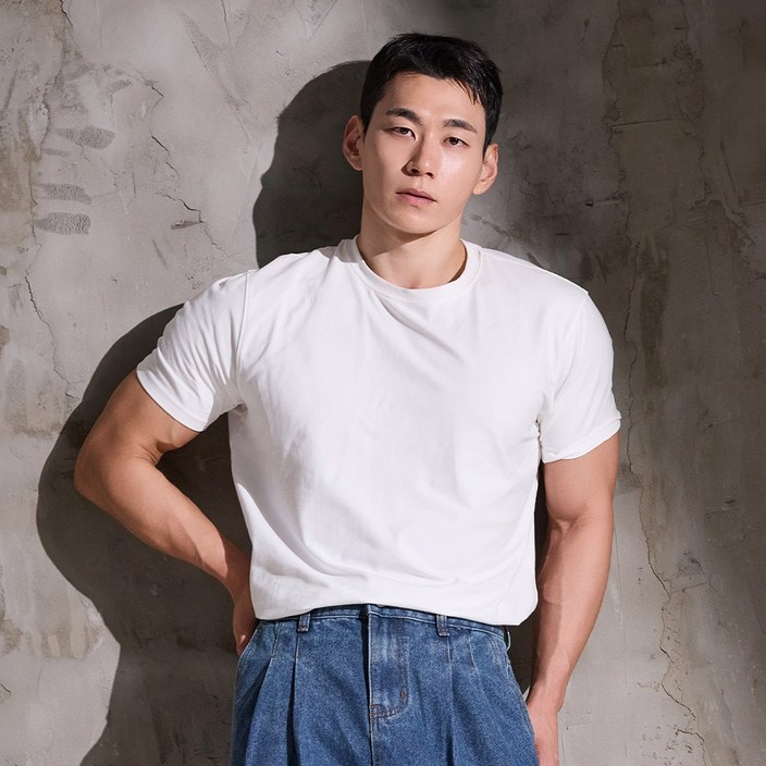 맥스모어 순면 라운드 스판 머슬핏 무지 남자 반팔티