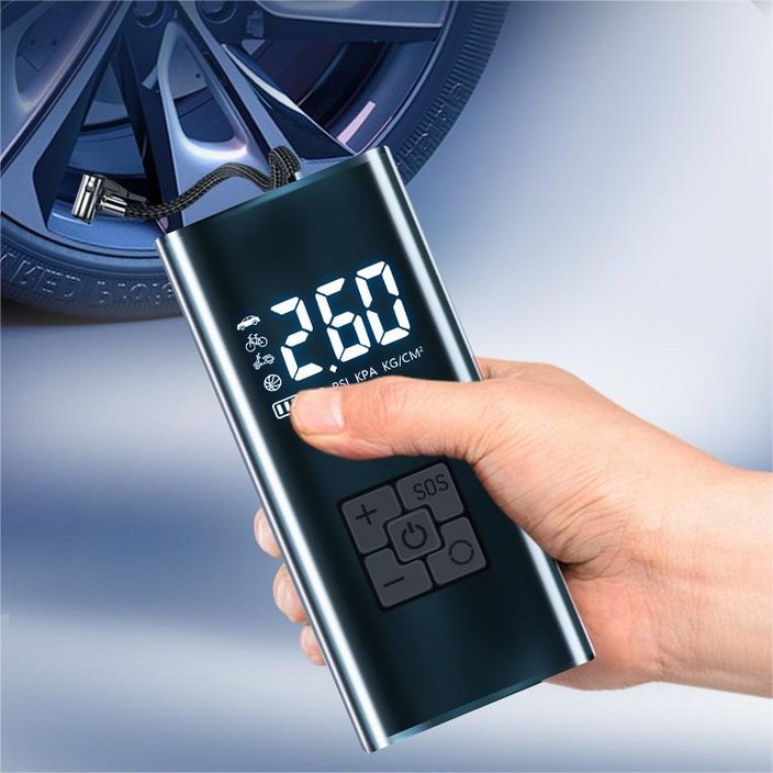 타이어 공기압 주입기 휴대용 무선 올인원 세트 6000mAh 타이어 압력 모니터링led손전등보조배터리자동차 농구공 자전거 오토바이 다용도에어펌프, 블랙, 1세트