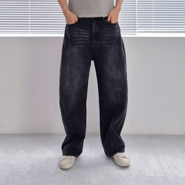 남녀공용 커브드 절개 빈티지 워싱 와이드 데님 팬츠 사계절 루즈핏 청바지 남자 여자 6size