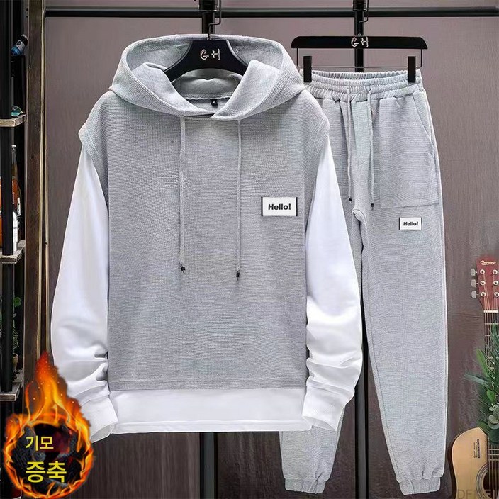DFMEI 세트남 추동 와플 맨투맨 세트 스포츠 페이크 투피스 후드 패치 기모 맨투맨