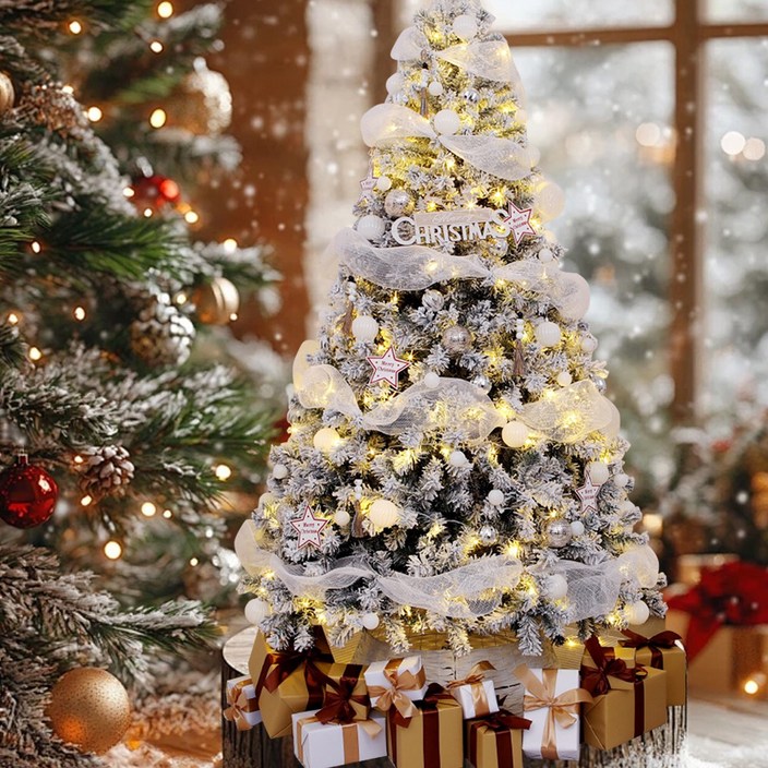 고품질 레트로 미니 크리스마스트리 세트, 받침대, LED 조명 및 다양한 정교한 장식품 포함. 거실, 쇼핑몰 등 실내외 장소에 적합합니다. (트리 본체는 모두 녹색),140cm, 샴페인와인 풀세트