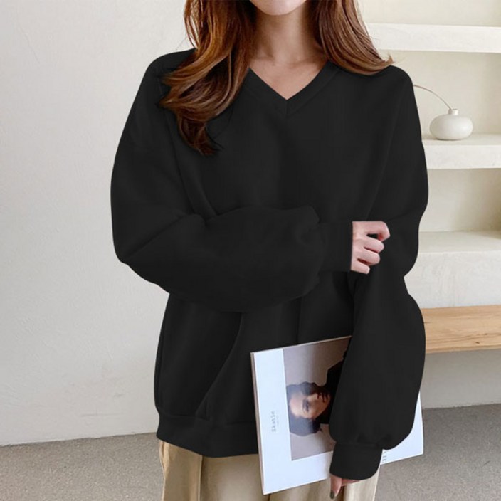 마이쏭 여성 기모맨투맨 겨울티 빅사이즈 루즈핏 루이V넥맨투맨(기모)