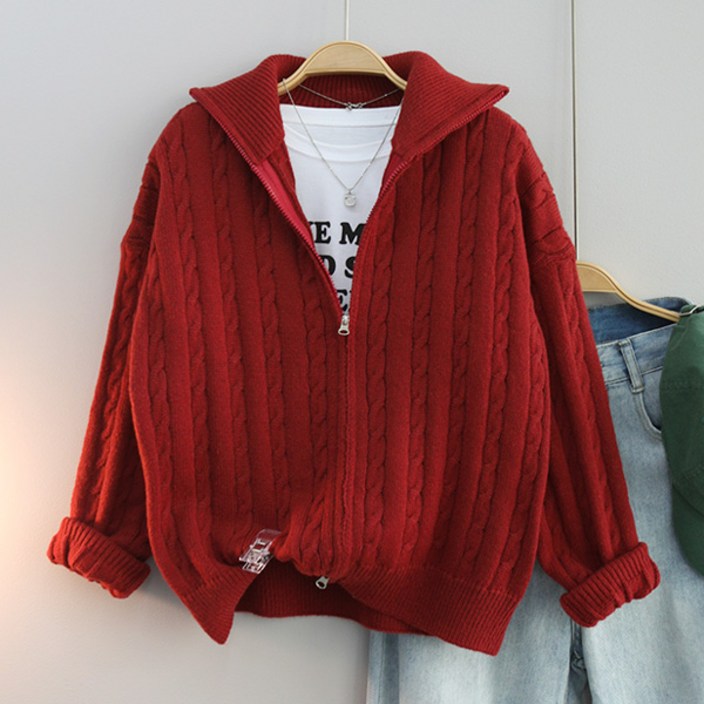 달콩 여성 가을집업 하이넥 가디건 투웨이꽈배기니트집업