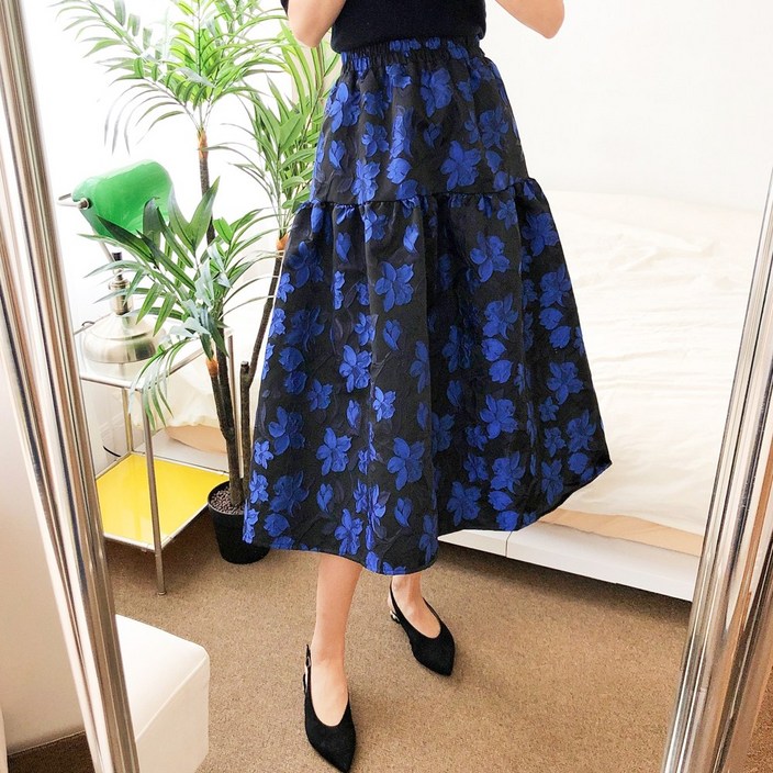 요시아나 당일발송 블루 플라워 자가드 플레어 밴딩 롱스커트