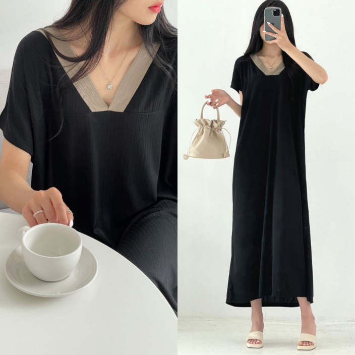 선데이핏 플리츠 체형커버 반팔 롱 원피스 여름 빅사이즈 루즈핏