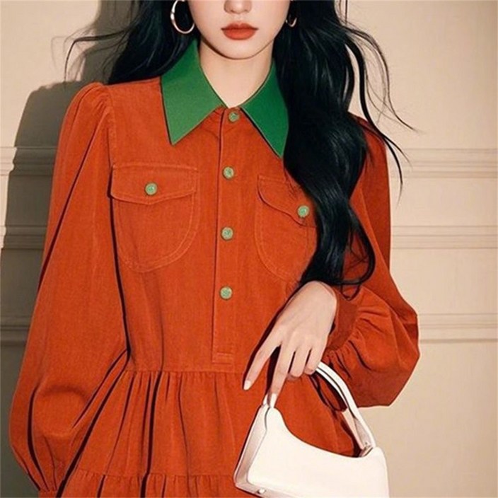 Vezri 여성용 모던 스타일 코듀로이 원피스 퍼프 소매 플랩 칼라 긴팔 드레스