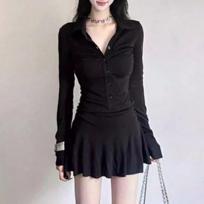 아이엠몽 여성 셔츠 카라 플레어 미니 원피스