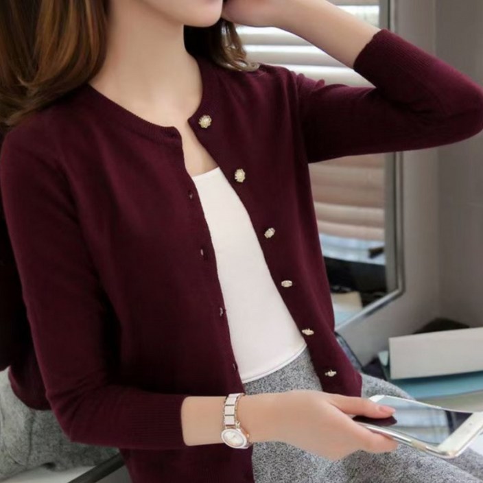 해피유통 여성 봄가을 순면 V넥 긴팔 가디건 간편한 디자인 버튼 클로징bhf