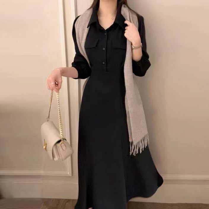 페이퍼먼츠 카라넥 포켓 버튼 백리본 긴팔 롱 원피스 22873