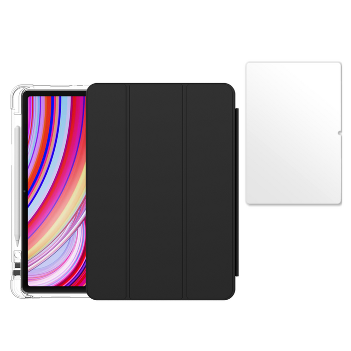칸탐 샤오미 패드 호환 커버 케이스 + 강화유리 액정보호필름 세트, 블랙, 1개