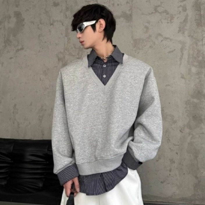 제이티엘 남성용 스트라이프 카라 셔츠 레이어드 맨투맨