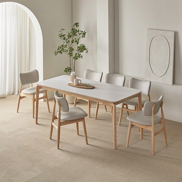 파로마 리샤르A 통세라믹 원목식탁 1800 + 의자세트 6인용 방문설치, 화이트상판 + 내추럴원목, 일반의자 6