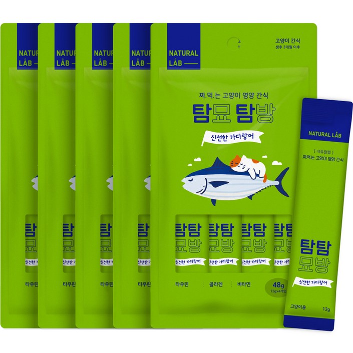 네츄럴랩 탐묘탐방 짜먹는 고양이 간식 12g x 4p, 5개, 신선한 가다랑어