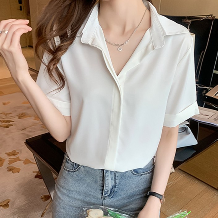 양놀 여성용 여름 쉬폰 V넥 반팔 블라우스 셔츠