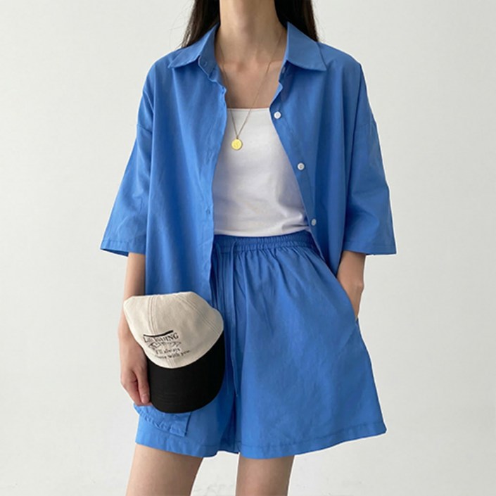 아이캔심플 여성용 비비드 루즈핏 반팔 셔츠 + 반바지 세트