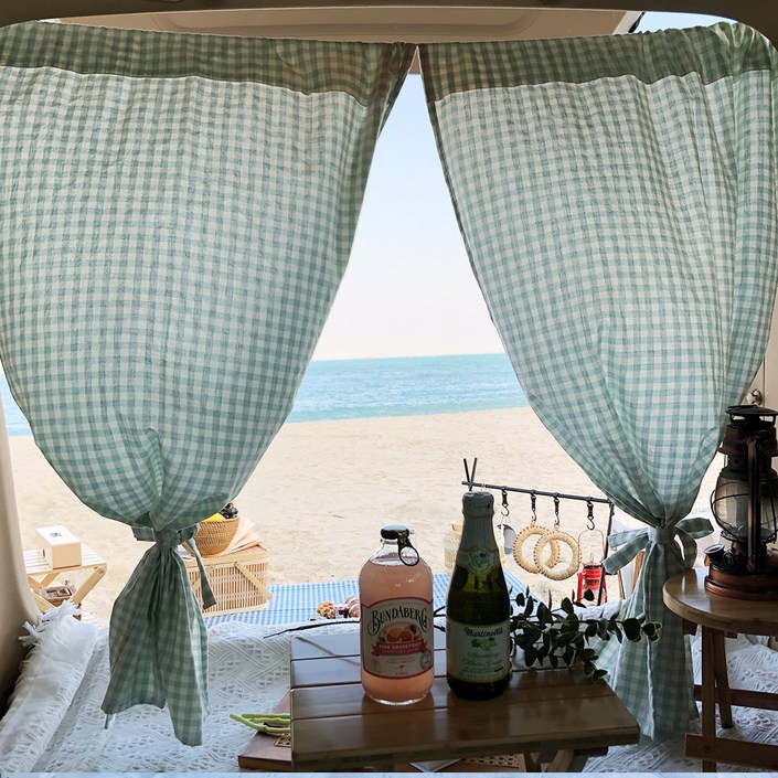 픽홈 파스텔 체크 차박 커튼 2p  커튼끈 2p  150cm 로프  보관 파우치  LED 앵두 전구