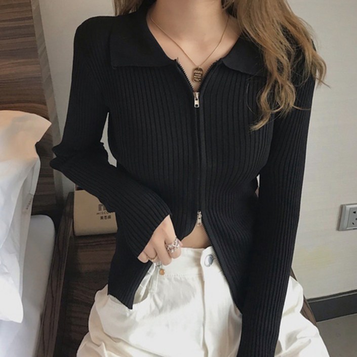 허니데일 집업 크롭 니트 카라티 양방향지퍼 골지 2color