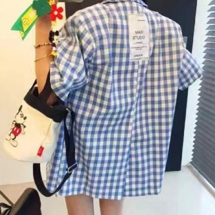 여성 린넨자켓 반팔 체크자켓 뒷트임 재킷