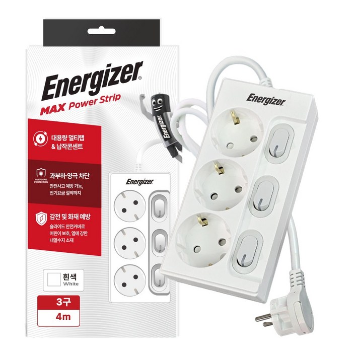 에너자이저 개별스위치 멀티탭 고용량 3구 납작플러그 과부하차단 16A, 1개, 화이트개별스위치 3구, 4m