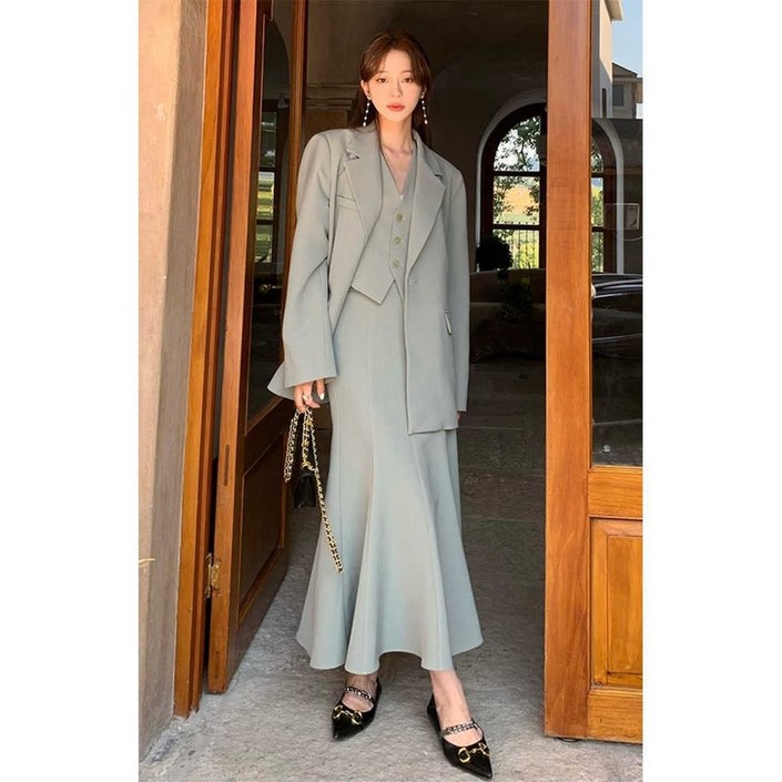 여성정장 FW시즌 올드머니룩 시크 고급 자켓 베스트 스커트 3피스 셋업 투피스