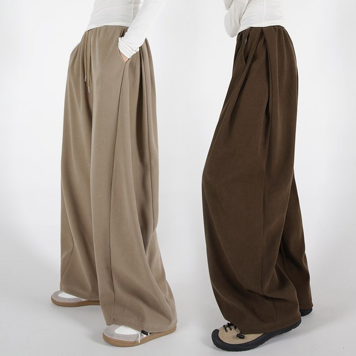 오버나인 여자 여성용 겨울용 와이드 코듀로이 옆핀턱 기모 트레이닝 팬츠 바지