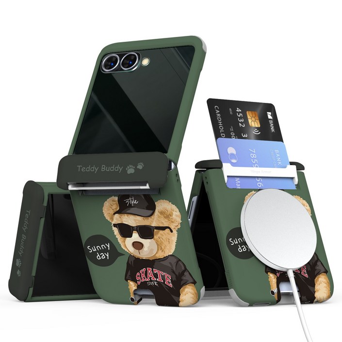 이디즌 갤럭시 Z플립 케이스 컬러 테디시리즈 귀여운 디자인 슬림 카드 2장 수납 힌지보호 충격방지 맥세이프 호환 자석내장