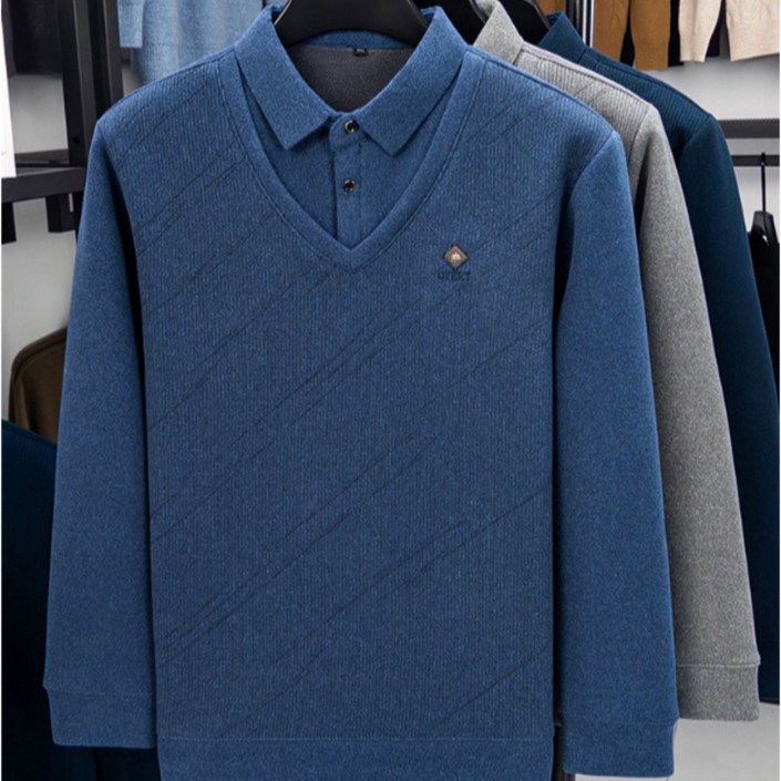 코엑티 겨울 남성 카라 페이크 투피스 기모 벨벳 스웨터