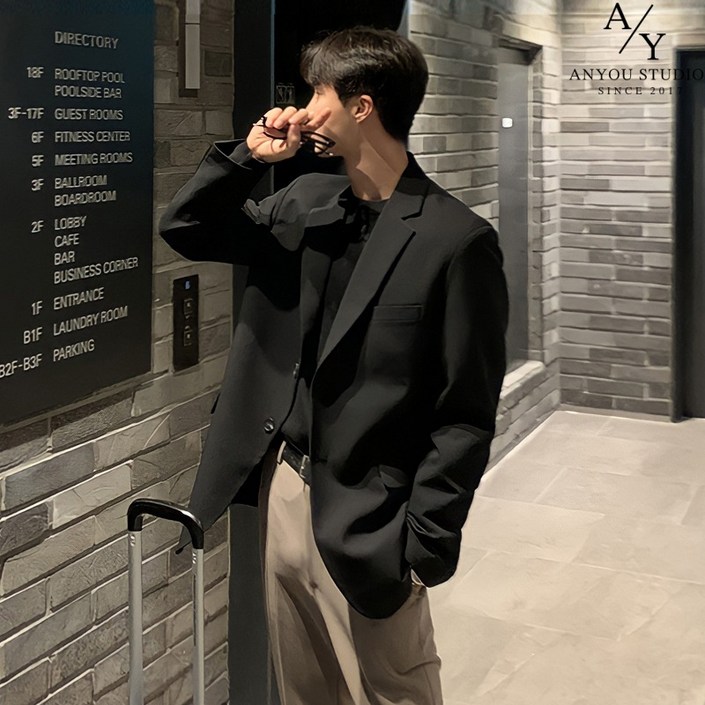 ANYOU 남자 정장 자켓 블랙 양복 빅사이즈 수트 세미정장 블레이저 베이직 아우터 데일리 코트
