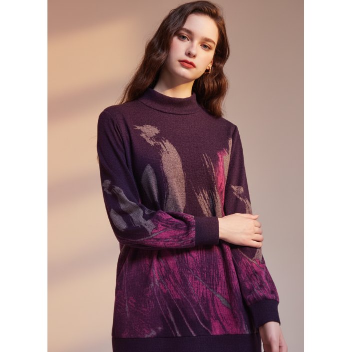 [리비에르] 중년 프리미엄 여성의류 엄마옷 마담 빅사이즈 프린트 기모 반목 터틀넥 롱티셔츠 퍼플