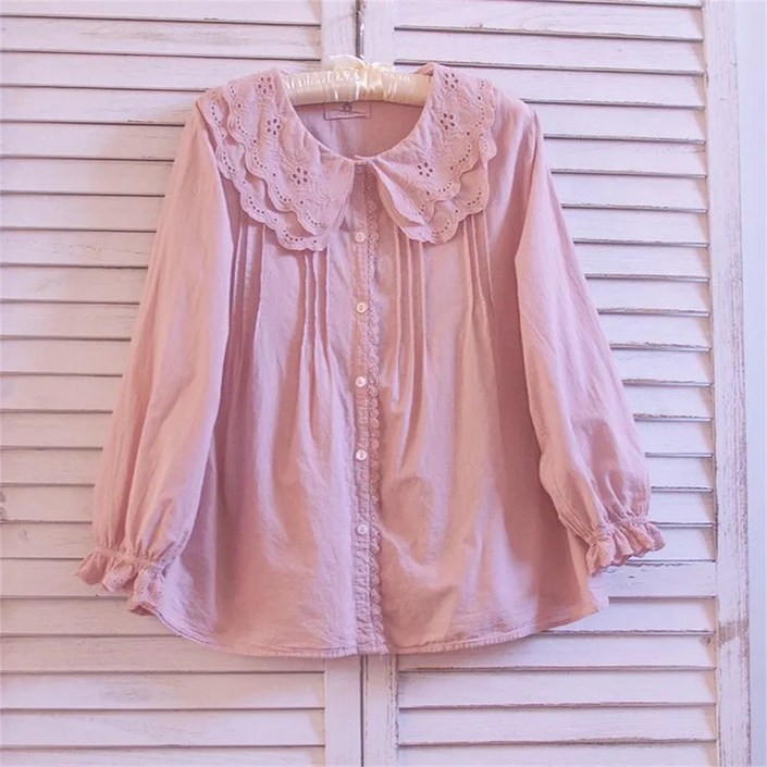 TKX 여성용 루즈핏 레이스 빅카라 긴팔 블라우스 귀여운 디자인 오버핏 고급