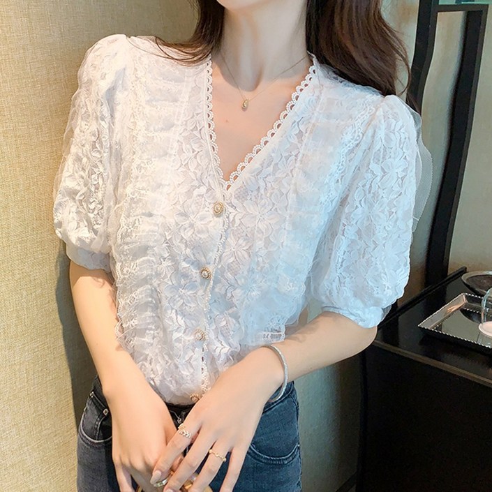 프릴레이스 줄무늬 여성 반팔 블라우스