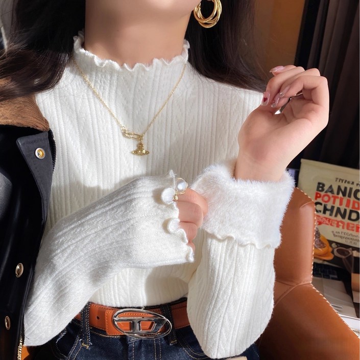 샤일리 여성 러블리 소프트 기모 반목 니트티